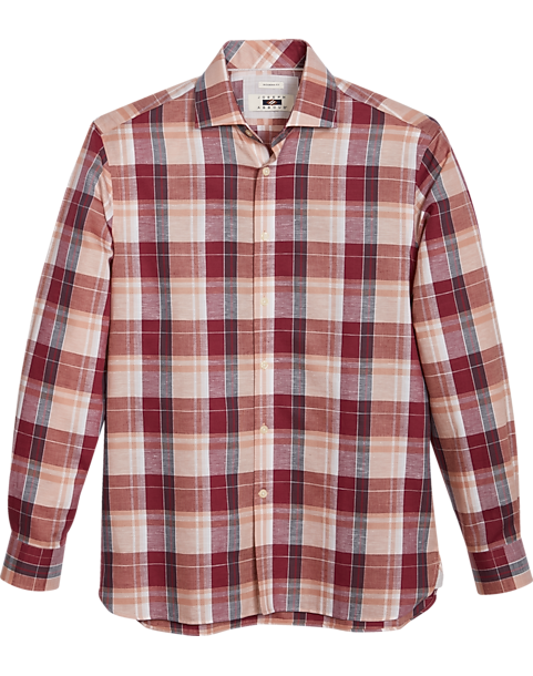  Joseph Abboud Modern Fit Sport Shirt, Burgundy Madras Plaid