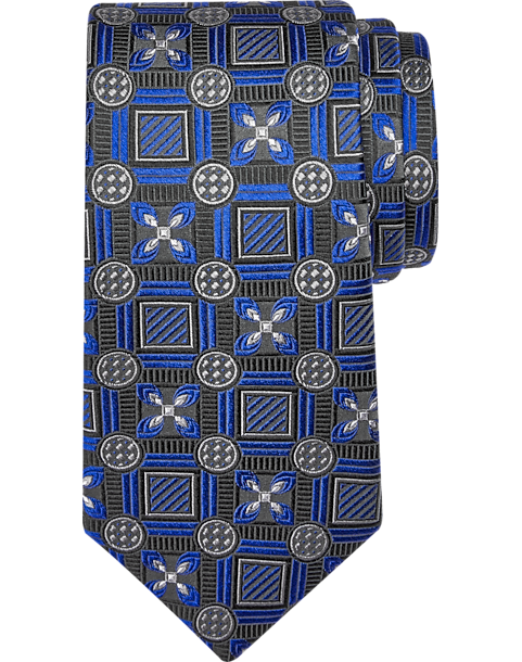  Joseph Abboud Narrow Silk Tie, Blue And Black Square And Floral Print