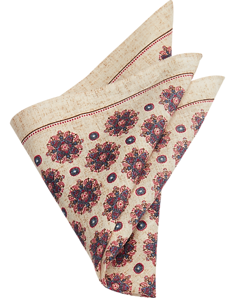  Joseph Abboud Linen Pocket Square, Beige & Blue Medallion